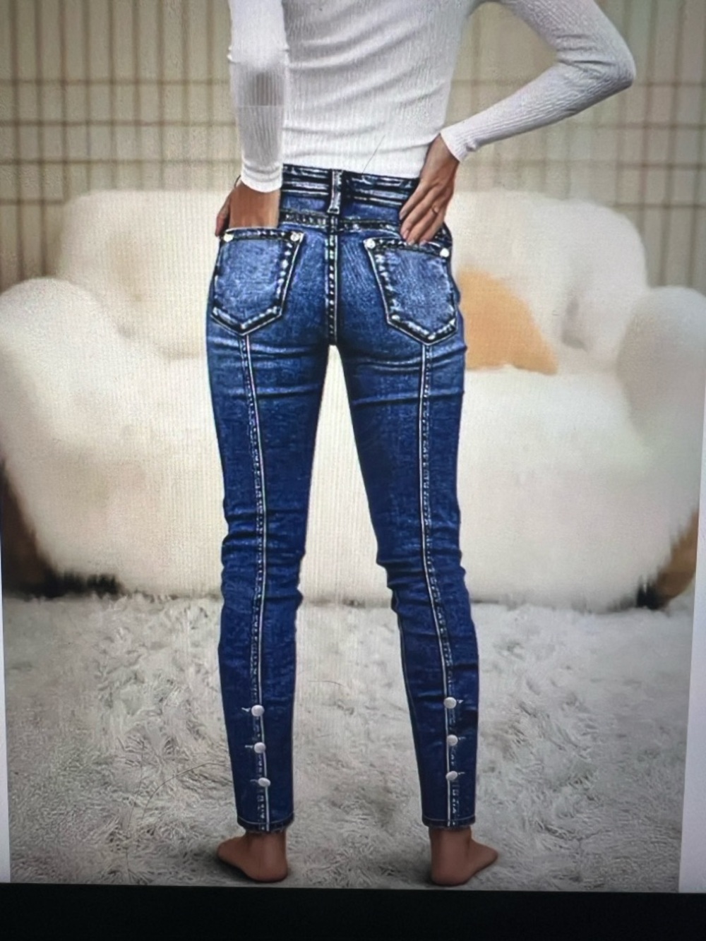 Flamingals button side stitch  mid-rise Skinny Jeans - Dark Blue XL
